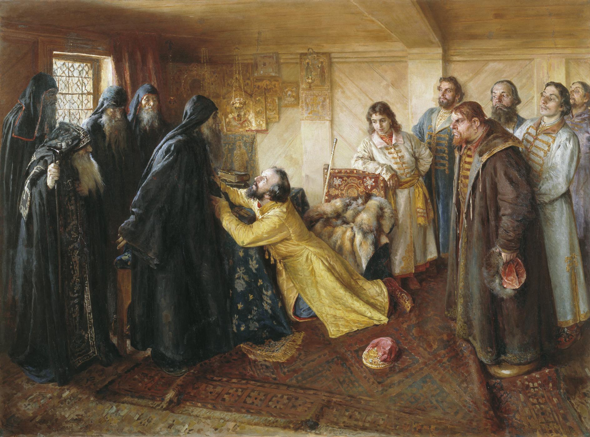 Царь Иван Грозный просит игумена Корнилия благословить его в монахи, Клавдий Васильевич Лебедев