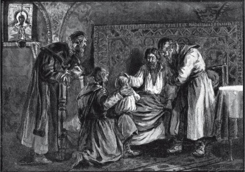 Василий III Иванович благословляет перед кончиной сына своего Ивана IV, гравюра Ю. Мультановский