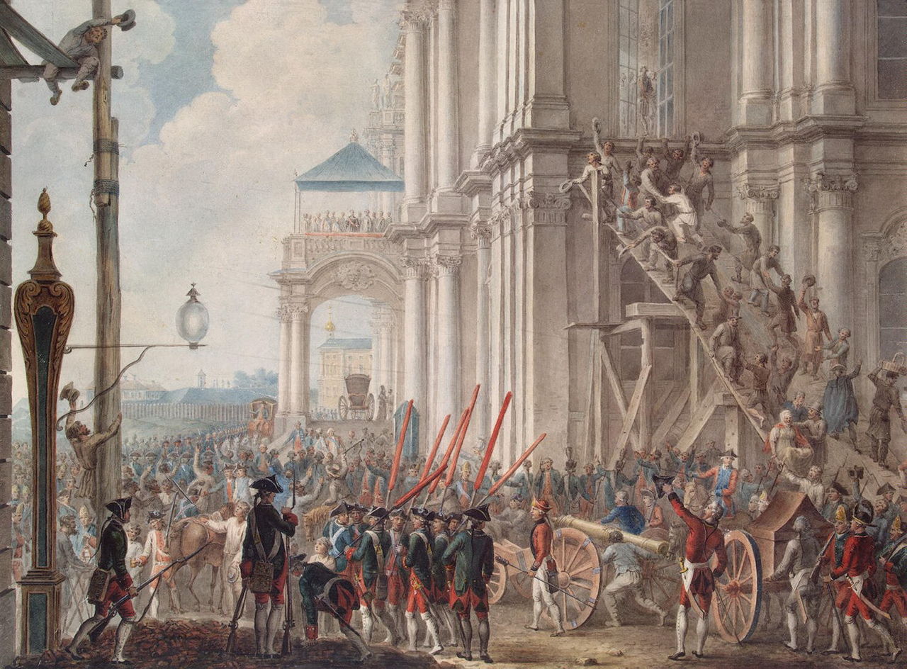 Екатерина II на балконе Зимнего дворца, приветствуемая гвардией и народом в день переворота 28 июня 1762 года, Иоахим Кестнер