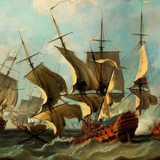 Корабль Thésée тонет во время битвы Киберона в 1759. Фрагмент из картины Ричарда Патона