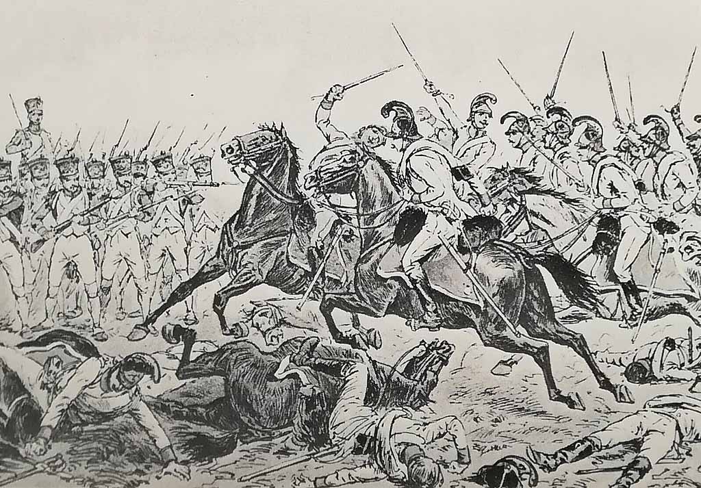 Обстрел австрийской кавалерии принца Лихтенштейна 10-м линейным пехотным полком (дивизия Сера) в битве при Ваграме. Книга "Napoleon et l'Autriche".