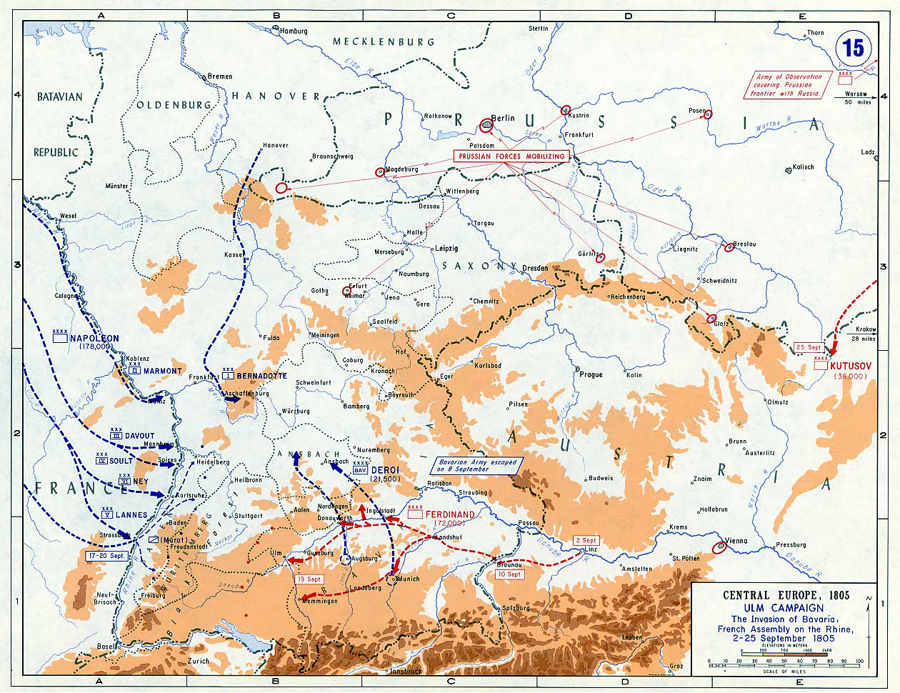 Ульмская кампания - вторжение в Баварию и французское собрание на Рейне, 2-25 сентября 1805 г., карта