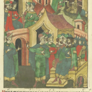 Князь Михаил (справа) гневается на Дмитрия Донского, Лицевой летописный свод