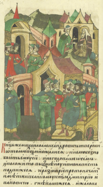 Князь Михаил (справа) гневается на Дмитрия Донского, Лицевой летописный свод